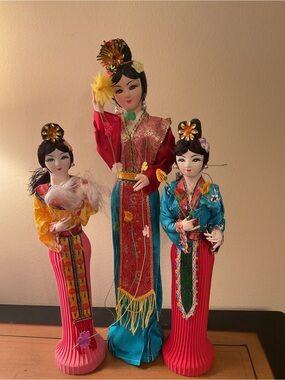 Set of Three Decorative Asian Lady Dolls - Red, Teal, Pink